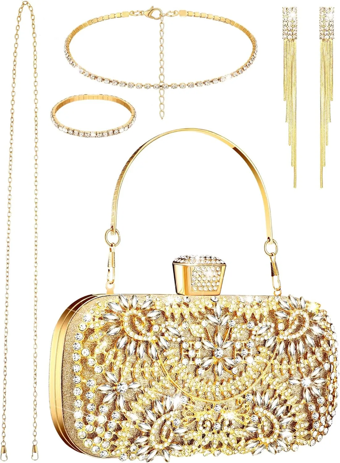 4 Pcs Clutch Purses Jewelry Set for Women Evening Rhinestone Jewelry Bling Glitter Diamond Evening Bag Necklace Choker Bracelets Earrings Set for Wedding Bridal Party Prom(Gold)