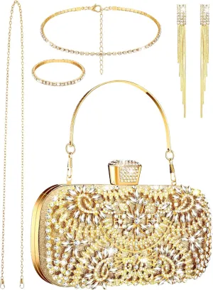 4 Pcs Clutch Purses Jewelry Set for Women Evening Rhinestone Jewelry Bling Glitter Diamond Evening Bag Necklace Choker Bracelets Earrings Set for Wedding Bridal Party Prom(Gold)
