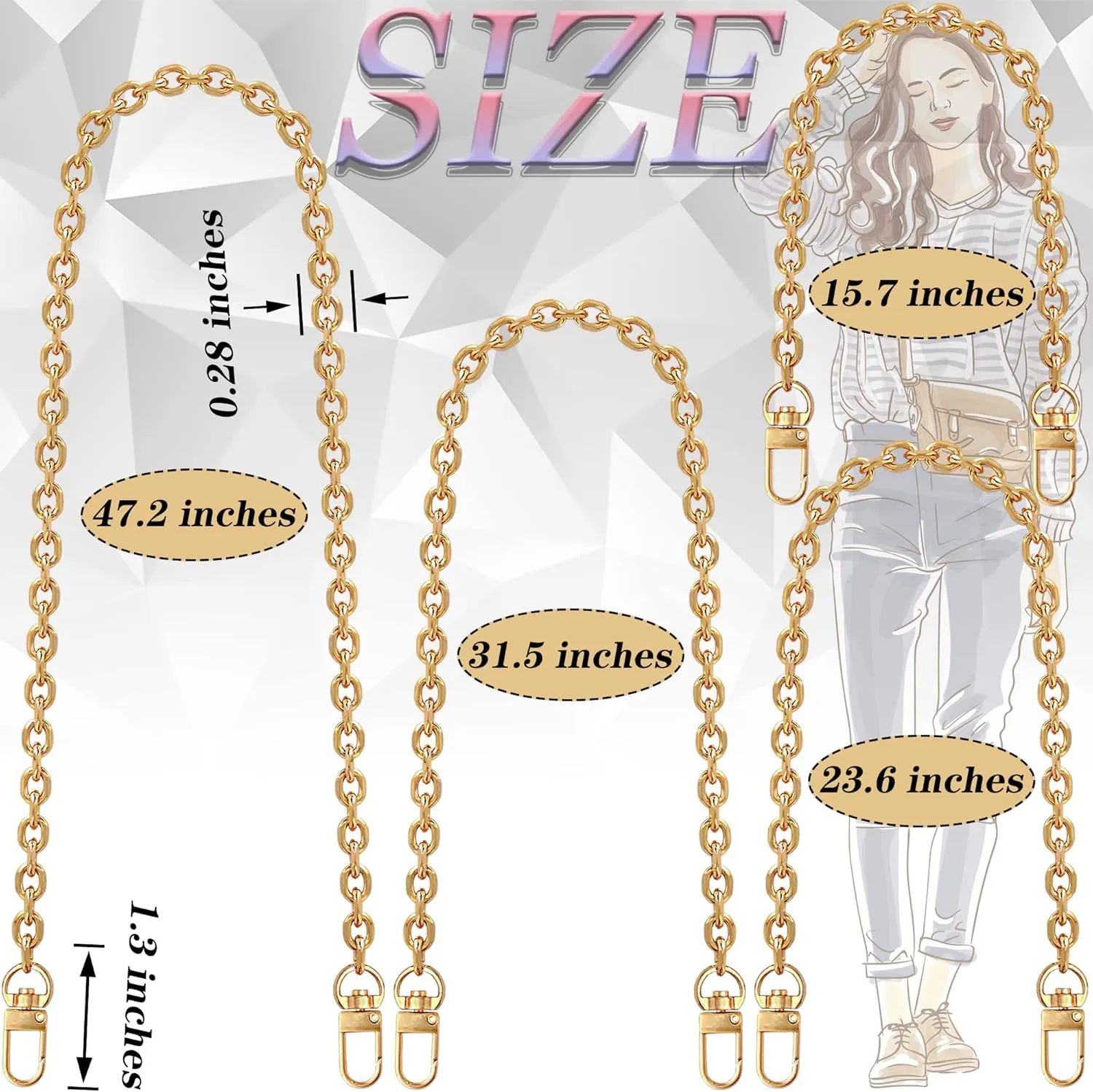 4 Pcs Different Size Purse Chain Strap Cross body Chain Strap Replacement Chain for Handbag Shoulder Bag Purse(15.7/23.6/31.5/47.2 Inches-O chain 0.28 Inch, Gold)