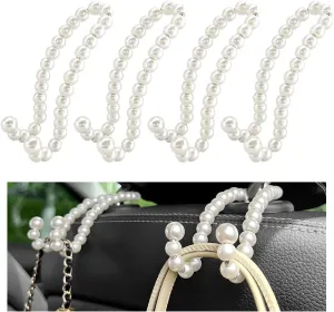 4 PCS Elegant Pearl Car Seat Headrest Hook, Cute Car Seat Hook Hanger Storage Organizer for Handbag Purse, Interior Decoration Headrest Hanger for Women Girls, Car Accessories