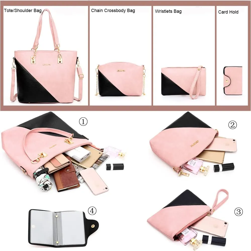 4 pcs Handbags set for Women Fashion Tote Shoulder Bag Purse PU Leather Satchel Chain Crossbody Bag Wallet Clutch
