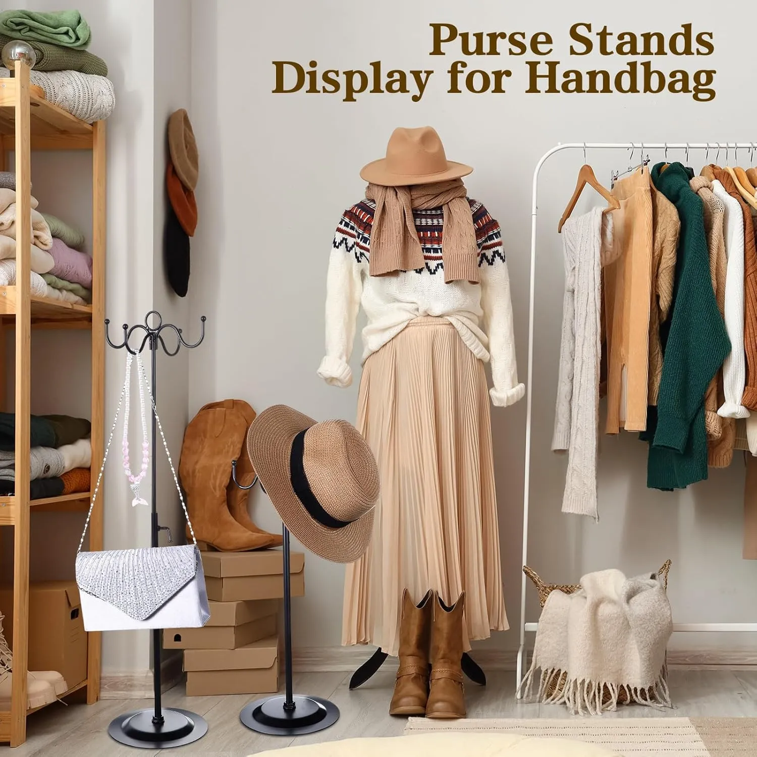 4 Pcs Metal Adjustable Height Purse Display Stands Handbag Jewelry Hat Hook Stands Holders Tree with 4 Hook for Closet Restaurant Boutique Store Tabletop Business Selling(Black)