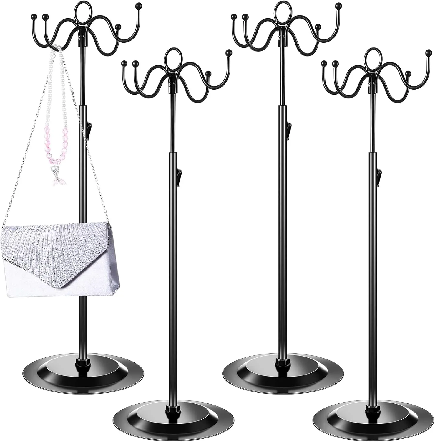 4 Pcs Metal Adjustable Height Purse Display Stands Handbag Jewelry Hat Hook Stands Holders Tree with 4 Hook for Closet Restaurant Boutique Store Tabletop Business Selling(Black)