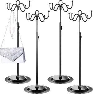 4 Pcs Metal Adjustable Height Purse Display Stands Handbag Jewelry Hat Hook Stands Holders Tree with 4 Hook for Closet Restaurant Boutique Store Tabletop Business Selling(Black)