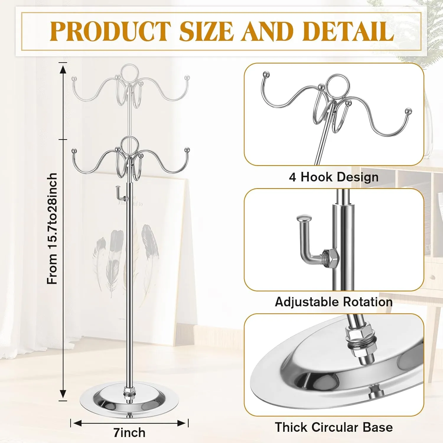 4 Pcs Metal Adjustable Height Purse Display Stands Handbag Jewelry Hat Hook Stands Holders Tree with 4 Hook for Closet Restaurant Boutique Store Tabletop Business Selling(Silver)