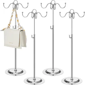 4 Pcs Metal Adjustable Height Purse Display Stands Handbag Jewelry Hat Hook Stands Holders Tree with 4 Hook for Closet Restaurant Boutique Store Tabletop Business Selling(Silver)
