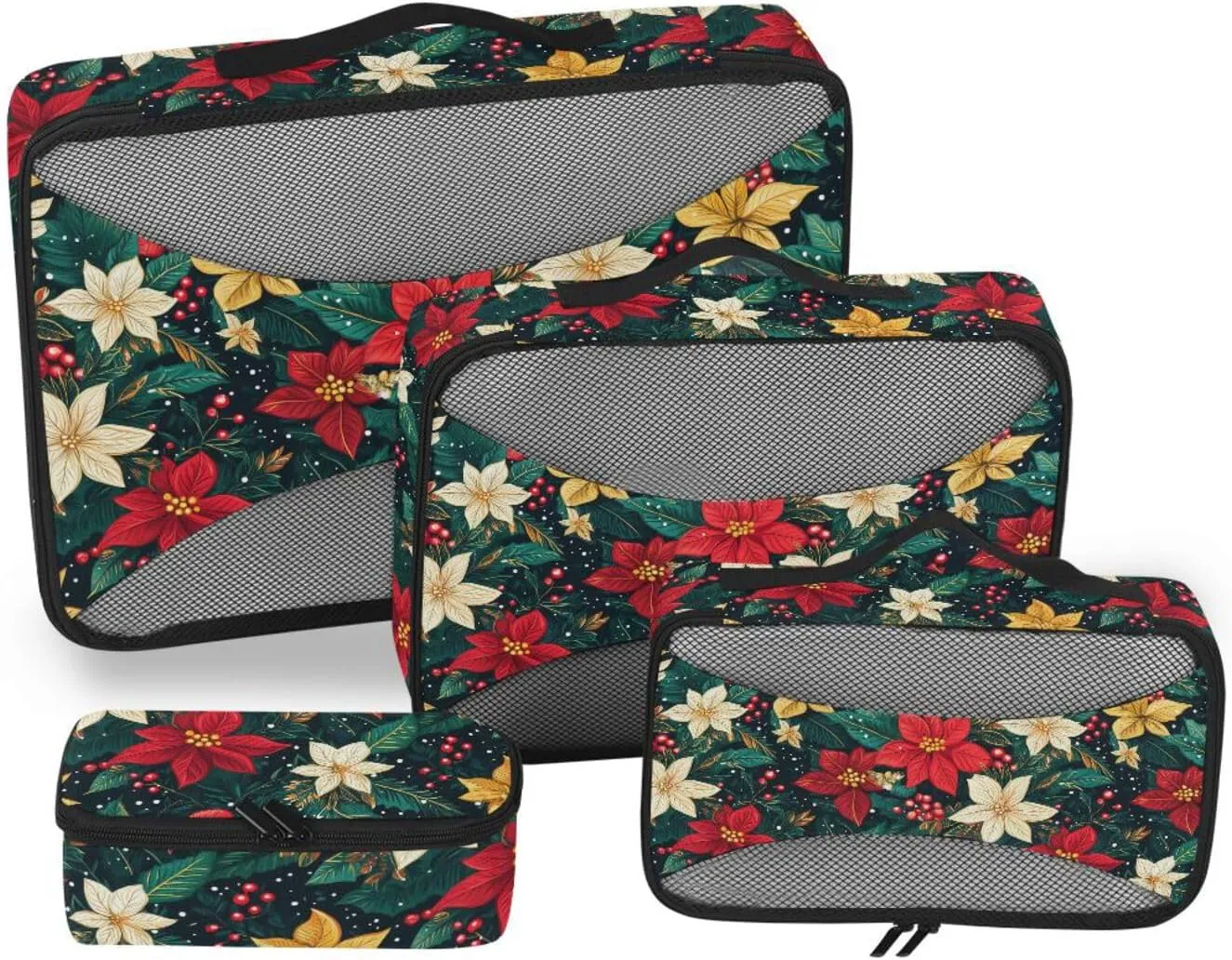 4 Pcs set bag organizer insert Mesh Travel Essentials Christmas Floral Pattern Blended portable travel cubes for packing