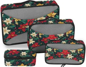 4 Pcs set bag organizer insert Mesh Travel Essentials Christmas Floral Pattern Blended portable travel cubes for packing