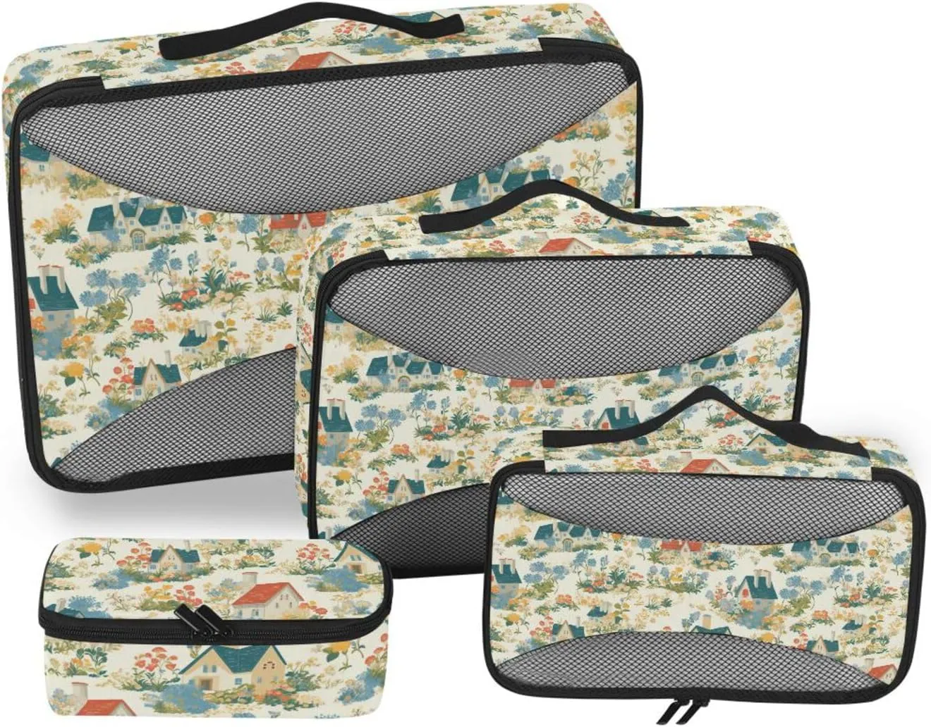 4 Pcs set organizer travel case Mesh Travel Essentials Pastoral Cartoon Houses Florals portable bags for packing