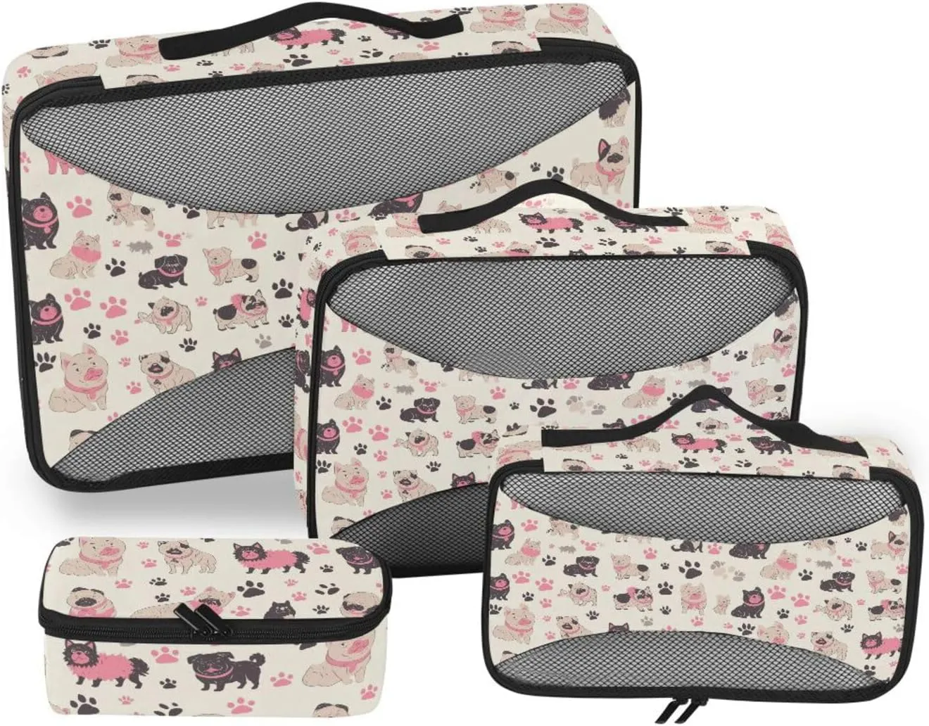 4 Pcs set travel luggage organizer Mesh Travel Essentials Dog Black Peach lightweight packing bags