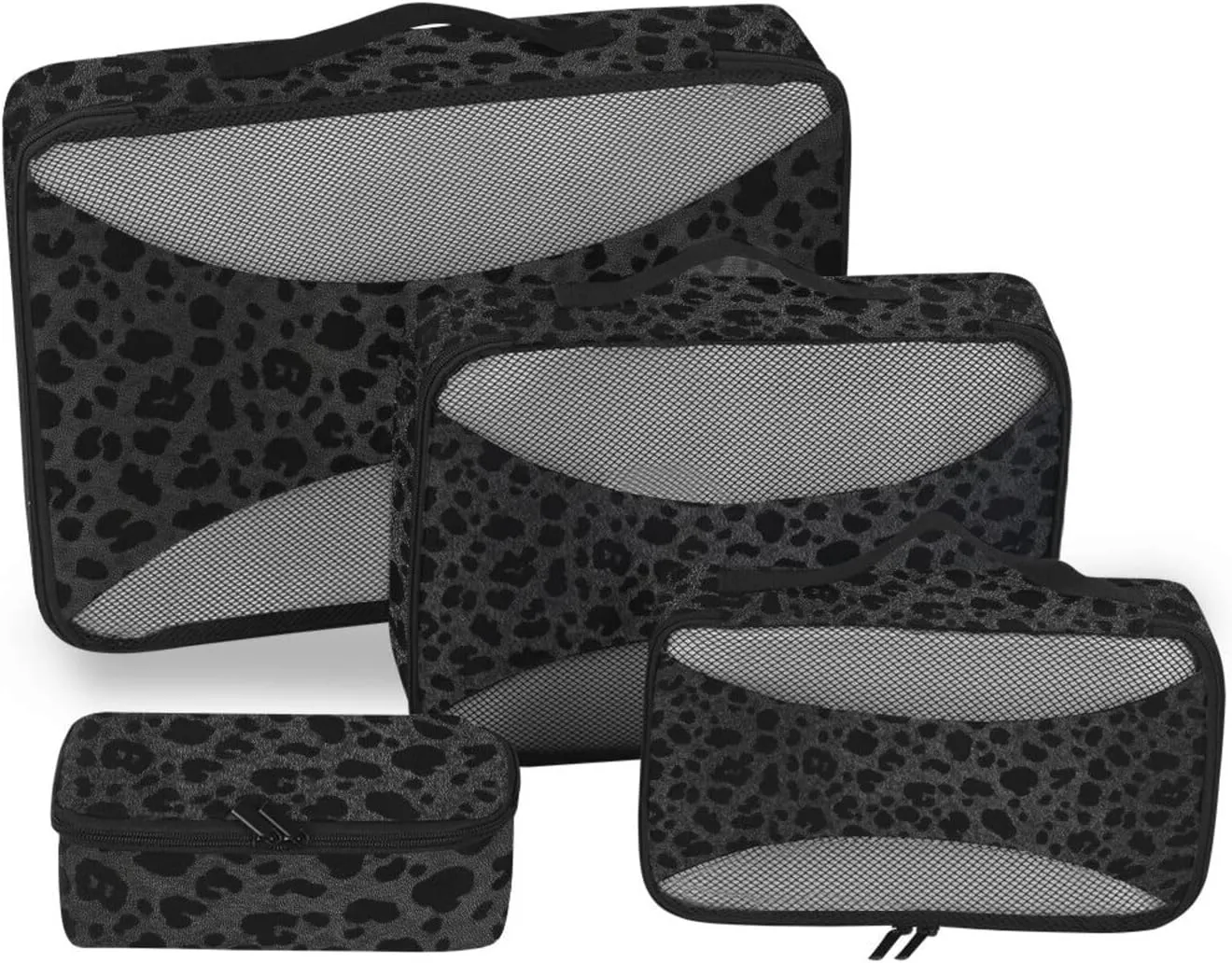 4 Pcs set travel organizer bags Mesh Travel Essentials Black Leopard Print lightweight travel cubes for packing