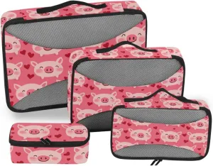 4 Pcs set travel organizer bags Mesh Travel Essentials Happy Valentine Cartoon Pig Red portable travel packing cubes