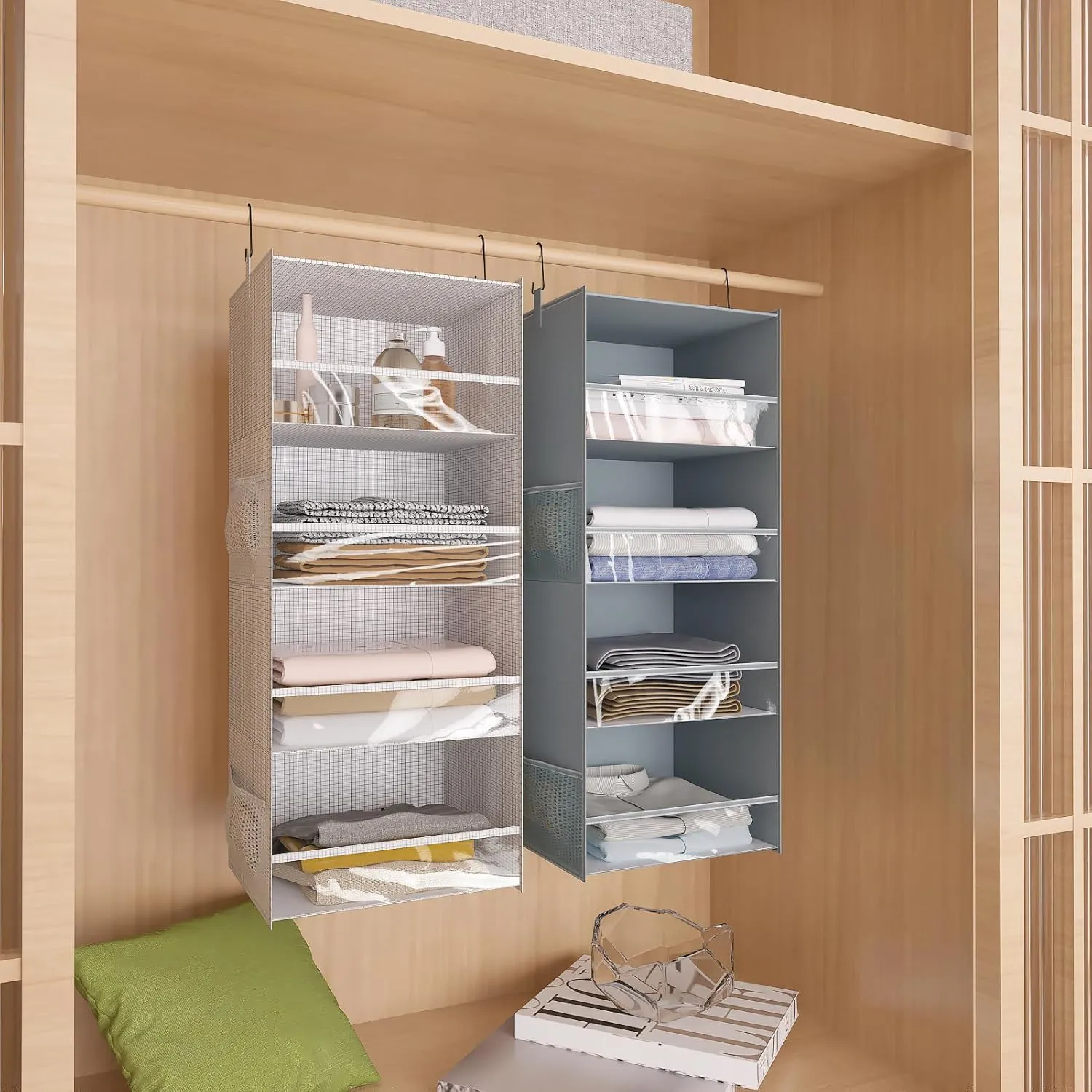 4 Shelf Hanging Closet Organizer Front Lip Design, Wider and Foldable Hanging Closet Wardrobe Storage Shelves with 4 Side Pockes, Clothes Handbag Shoes Accessories Storage, White