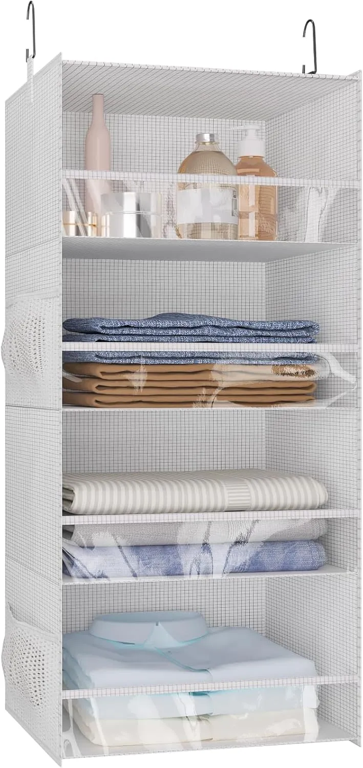 4 Shelf Hanging Closet Organizer Front Lip Design, Wider and Foldable Hanging Closet Wardrobe Storage Shelves with 4 Side Pockes, Clothes Handbag Shoes Accessories Storage, White