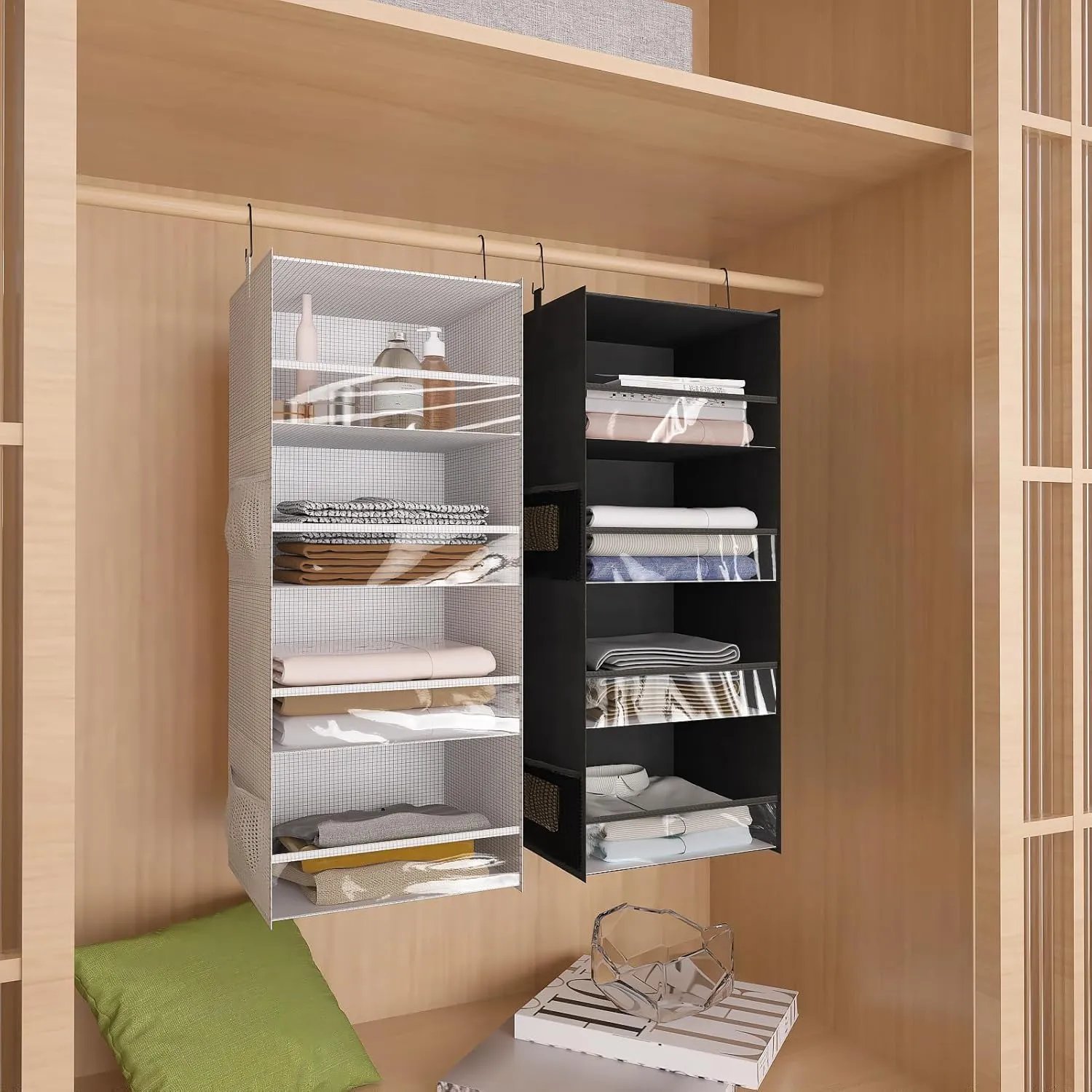4 Shelf Hanging Closet Organizer Front Lip Design, Wider and Foldable Hanging Closet Wardrobe Storage Shelves with 4 Side Pockes, Clothes Handbag Shoes Accessories Storage, White