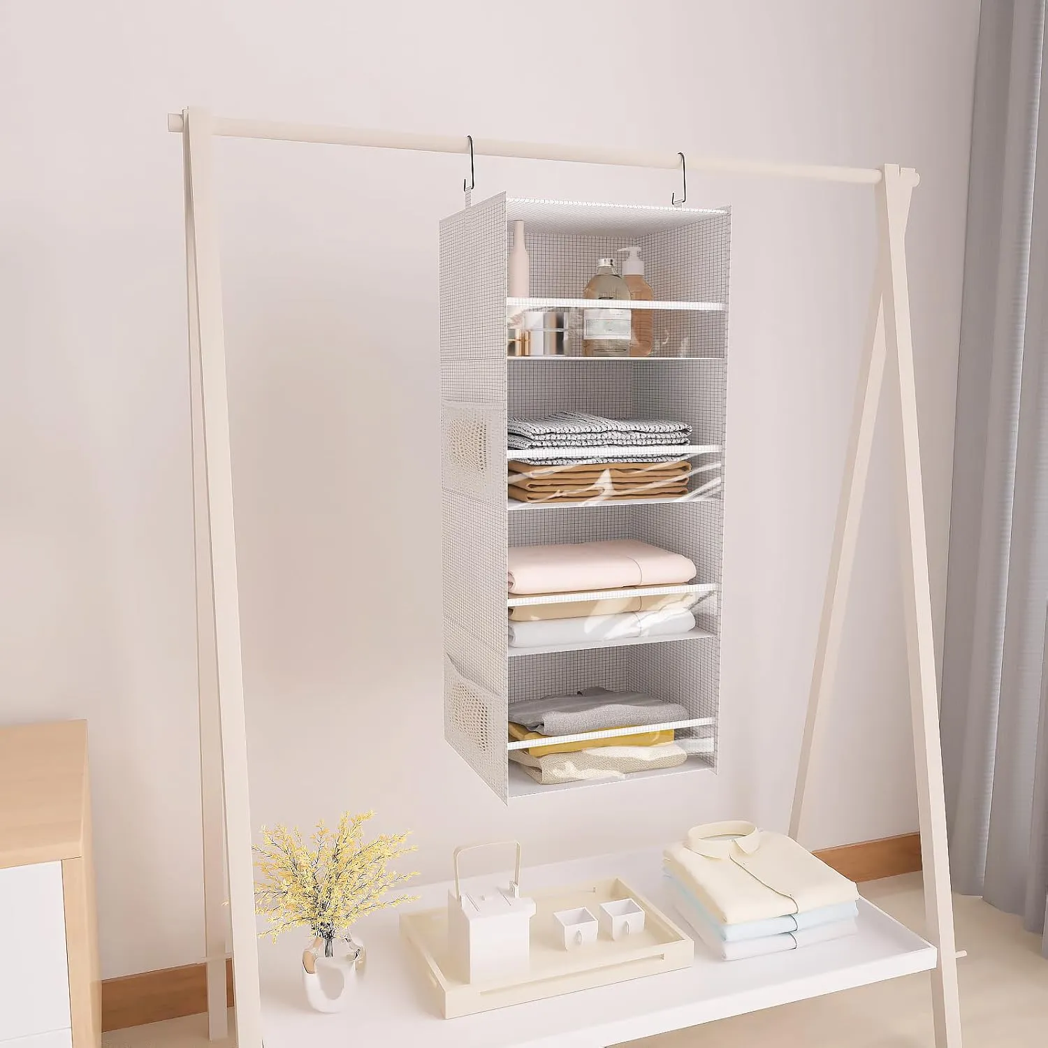 4 Shelf Hanging Closet Organizer Front Lip Design, Wider and Foldable Hanging Closet Wardrobe Storage Shelves with 4 Side Pockes, Clothes Handbag Shoes Accessories Storage, White
