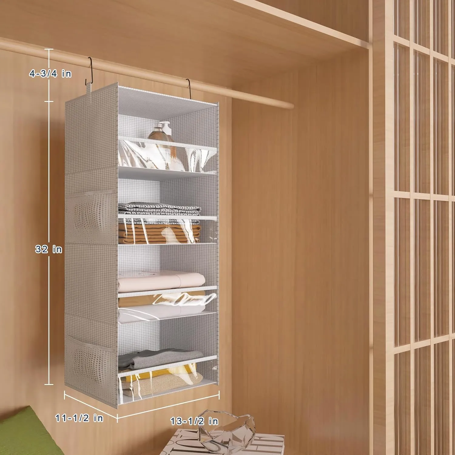 4 Shelf Hanging Closet Organizer Front Lip Design, Wider and Foldable Hanging Closet Wardrobe Storage Shelves with 4 Side Pockes, Clothes Handbag Shoes Accessories Storage, White