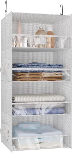4 Shelf Hanging Closet Organizer Front Lip Design, Wider and Foldable Hanging Closet Wardrobe Storage Shelves with 4 Side Pockes, Clothes Handbag Shoes Accessories Storage, White