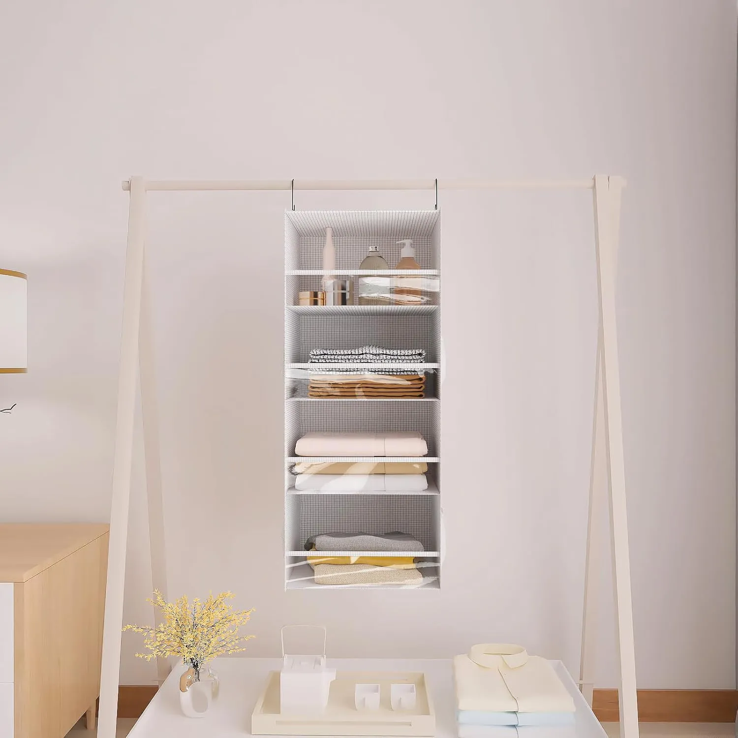 4 Shelf Hanging Closet Organizer Front Lip Design, Wider and Foldable Hanging Closet Wardrobe Storage Shelves with 4 Side Pockes, Clothes Handbag Shoes Accessories Storage, White