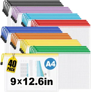 40 Pack Mesh Zipper Pouch Bags, A4 Mesh Bags with Zipper in 8 Color, Waterproof Zip File Folder Pouch for Organization Storage, Letter Size Zipper Bag for Classroom/Home/Office