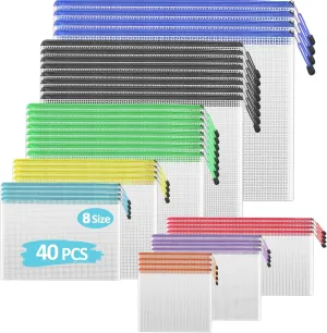 40pcs Mesh Zipper Pouch Bags, 8 Size Zipper Bags for Organizing Storage, Waterproof Zipper Pouches, File Document Bags for School, Travel,Toys, Puzzle, Board Games and Office Supplies