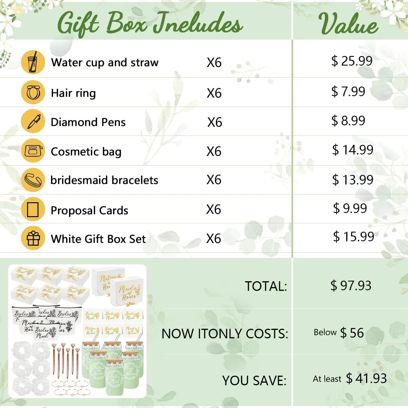 42Pack Bridesmaid Proposal Gifts,Maid of Honor Gifts Matron of Honor Gifts Including Bridesmaid Boxes,16oz Cups Makeup Bag Bracelets Diamond Pen Invitation Cards Scrunchies for Wedding (White)