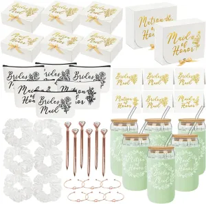 42Pack Bridesmaid Proposal Gifts,Maid of Honor Gifts Matron of Honor Gifts Including Bridesmaid Boxes,16oz Cups Makeup Bag Bracelets Diamond Pen Invitation Cards Scrunchies for Wedding (White)