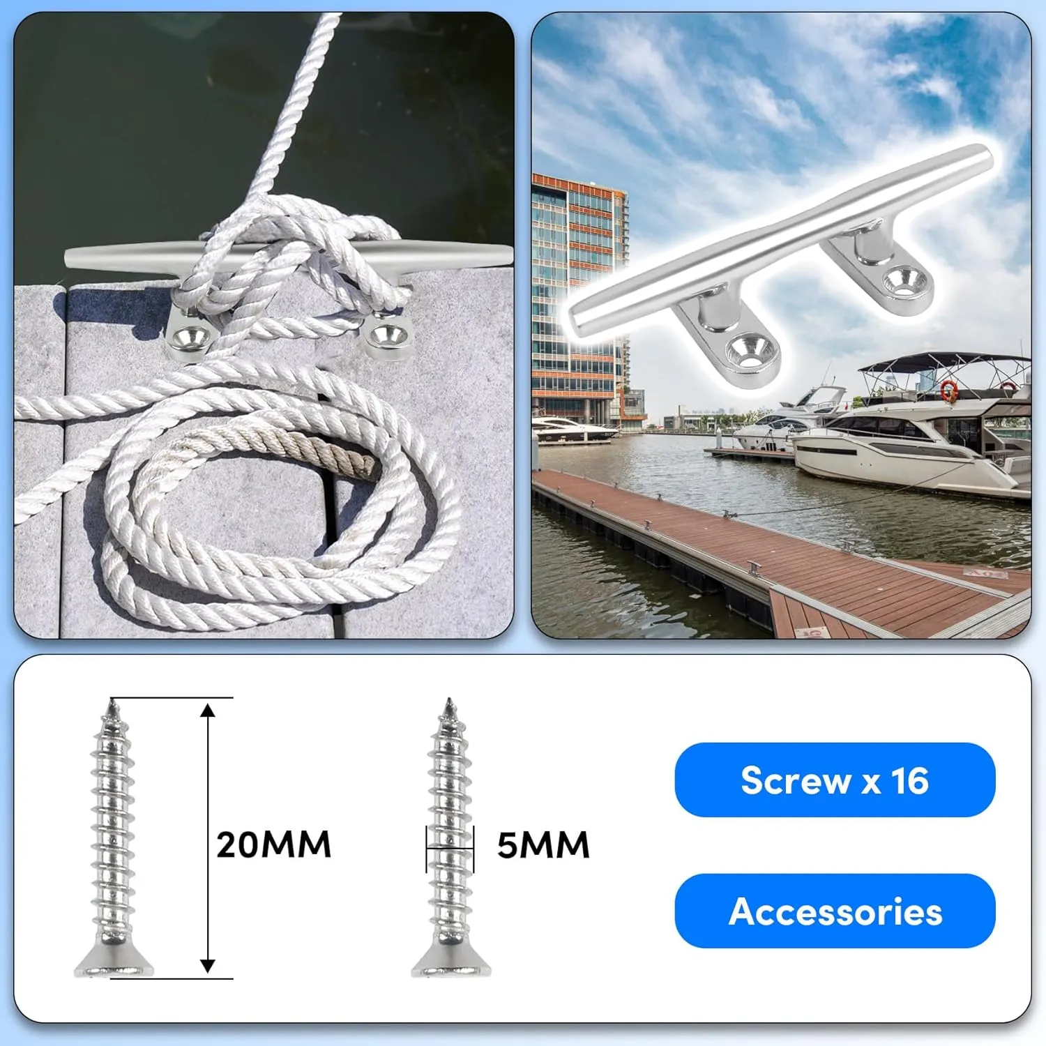 4/5/6 inch Dock Cleats - 316 Stainless Steel Boat Cleats Boat Dock Cleats,Open Base Dock Cleat with Fasteners,Marine Cleat Rope Cleat Boat Cleat for Boat/Deck/Nautical Decor(1,2,4,6,8 Pack)