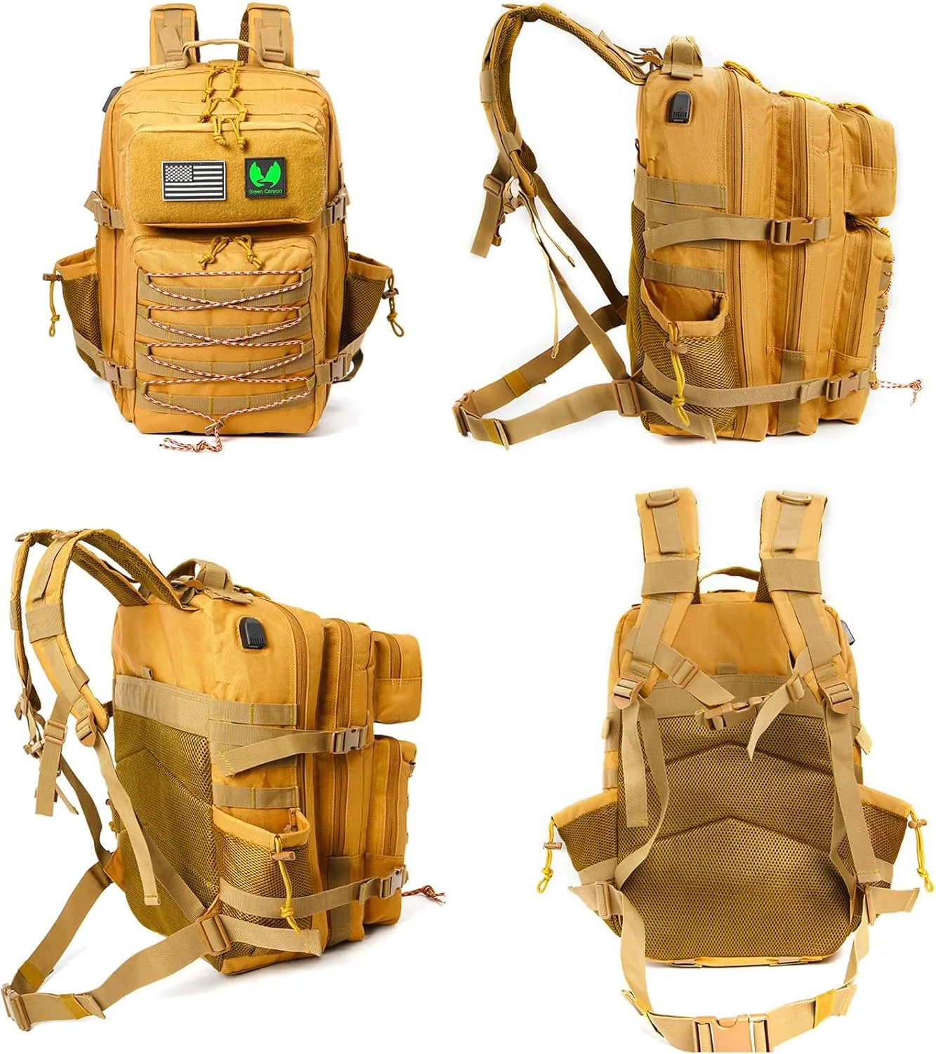 45L Large Tactical Backpack with USB Charging Port, 900D Military Backpack for Men, Hiking Rucksack 3 Day Assault Pack with Molle System, Khaki