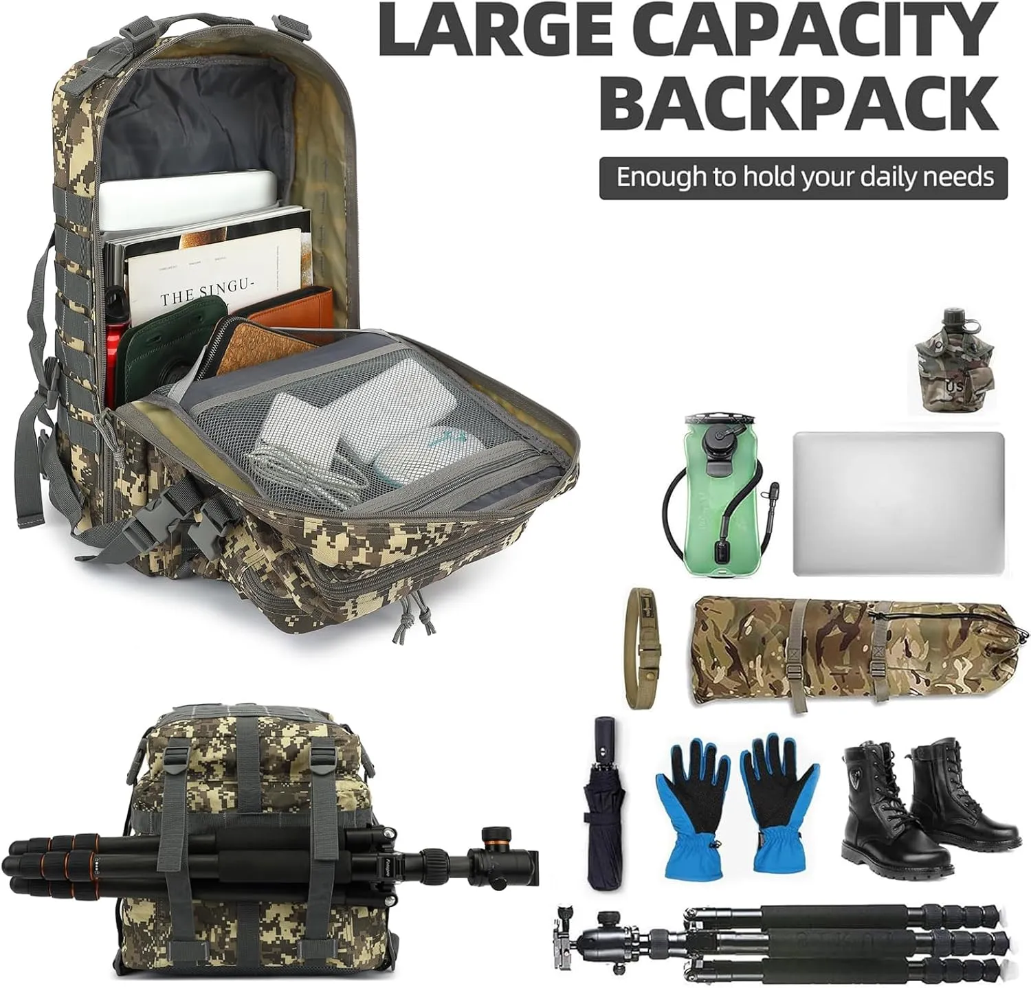 45L Military Tactical Backpack for Men Women, 3 Day Assault Pack Army Camping Molle Bag Hiking Backpacks (ACU Camo)