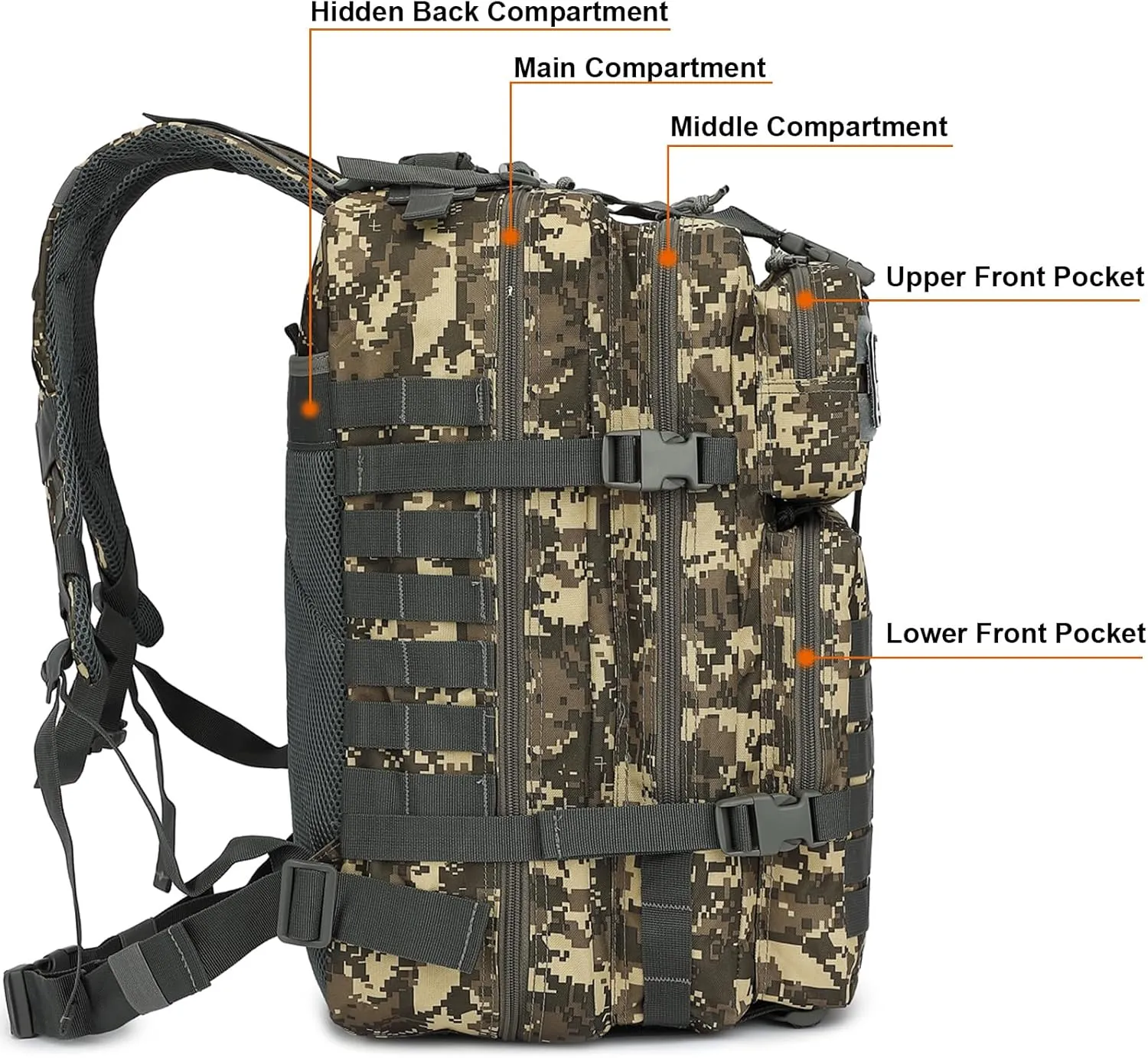 45L Military Tactical Backpack for Men Women, 3 Day Assault Pack Army Camping Molle Bag Hiking Backpacks (ACU Camo)