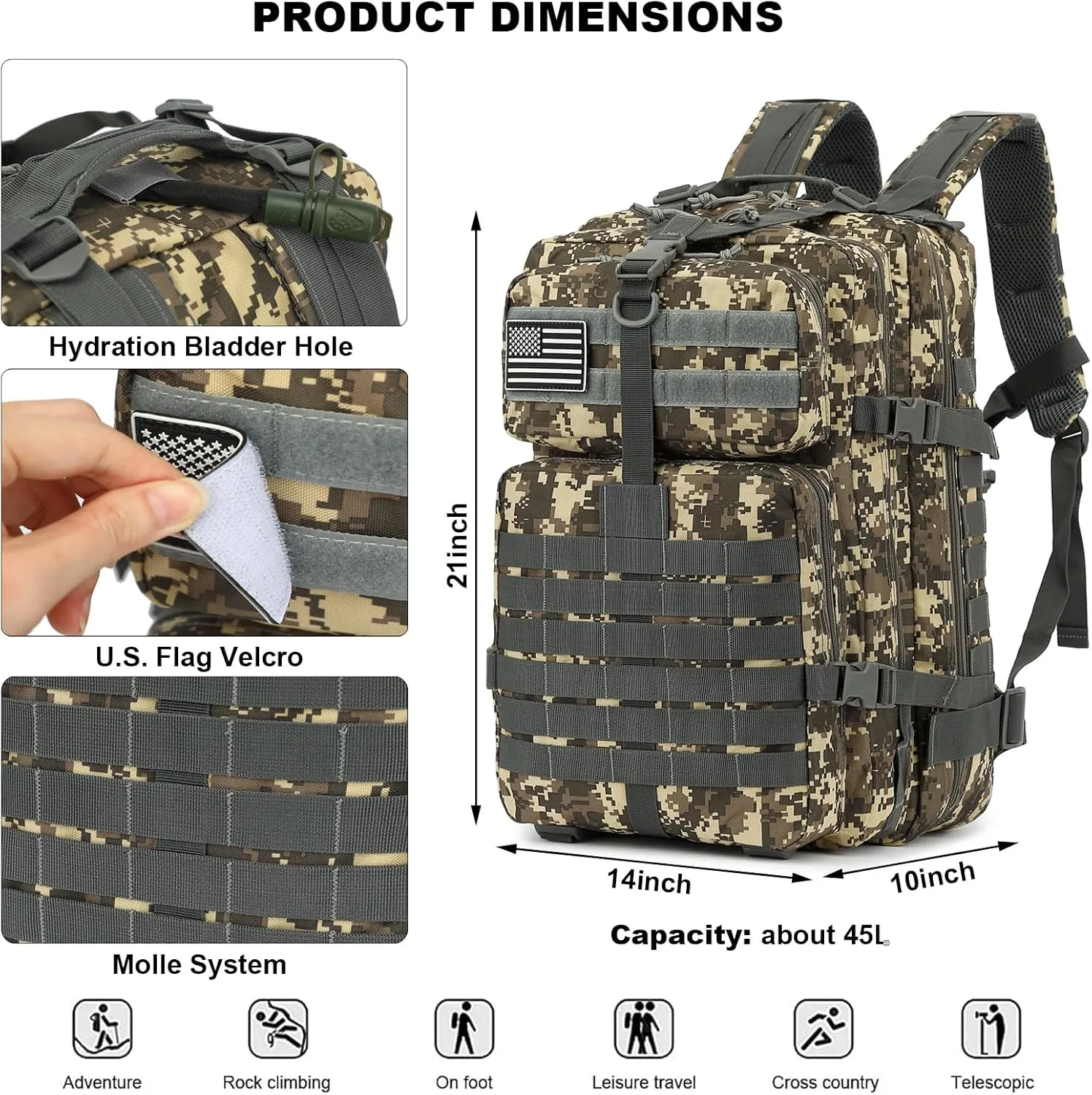 45L Military Tactical Backpack for Men Women, 3 Day Assault Pack Army Camping Molle Bag Hiking Backpacks (ACU Camo)