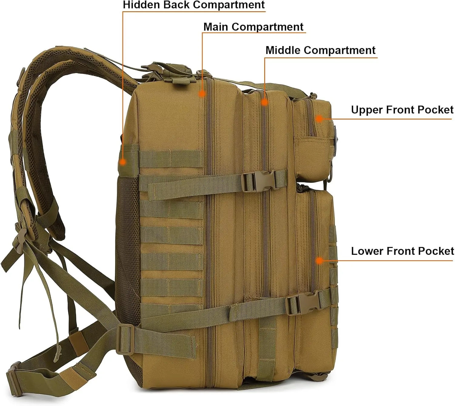45L Military Tactical Backpack for Men Women, 3 Day Assault Pack Army Camping Molle Bag Hiking Backpacks (Khaki)