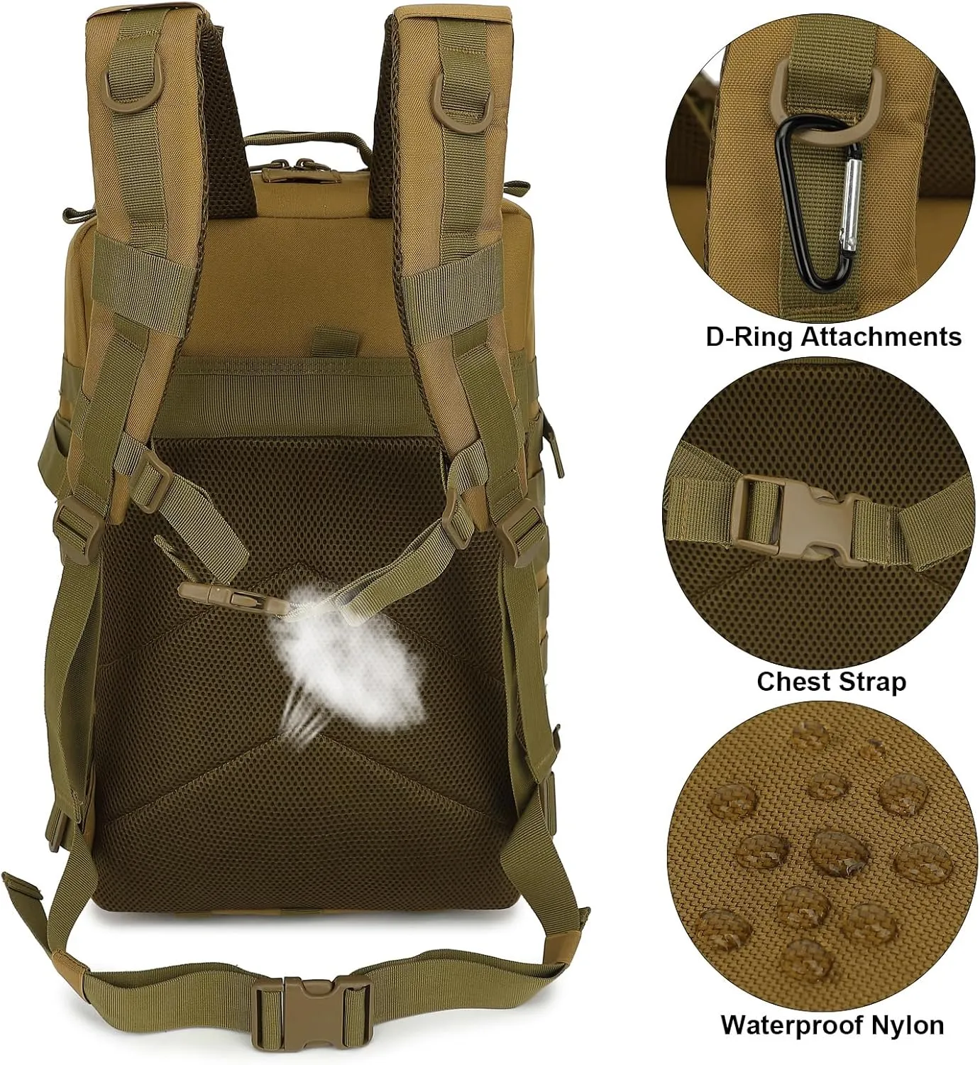 45L Military Tactical Backpack for Men Women, 3 Day Assault Pack Army Camping Molle Bag Hiking Backpacks (Khaki)