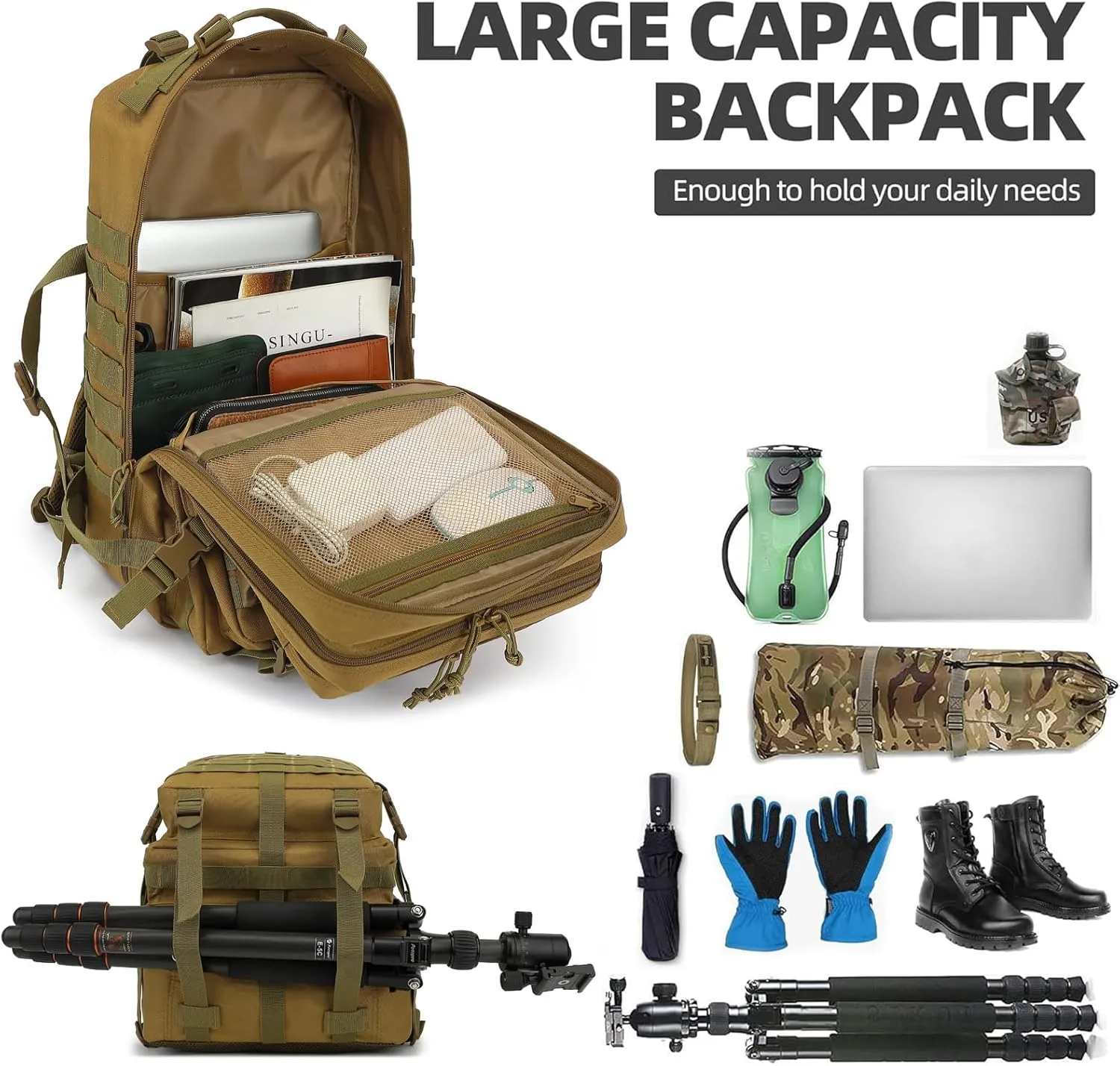 45L Military Tactical Backpack for Men Women, 3 Day Assault Pack Army Camping Molle Bag Hiking Backpacks (Khaki)