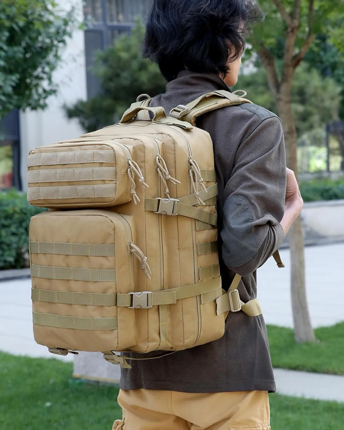 45L Military Tactical Backpack Molle Army Assault Pack 3-Day Bug Out Bag for Hiking, Camping & Outdoor Survival - Khaki Camouflage