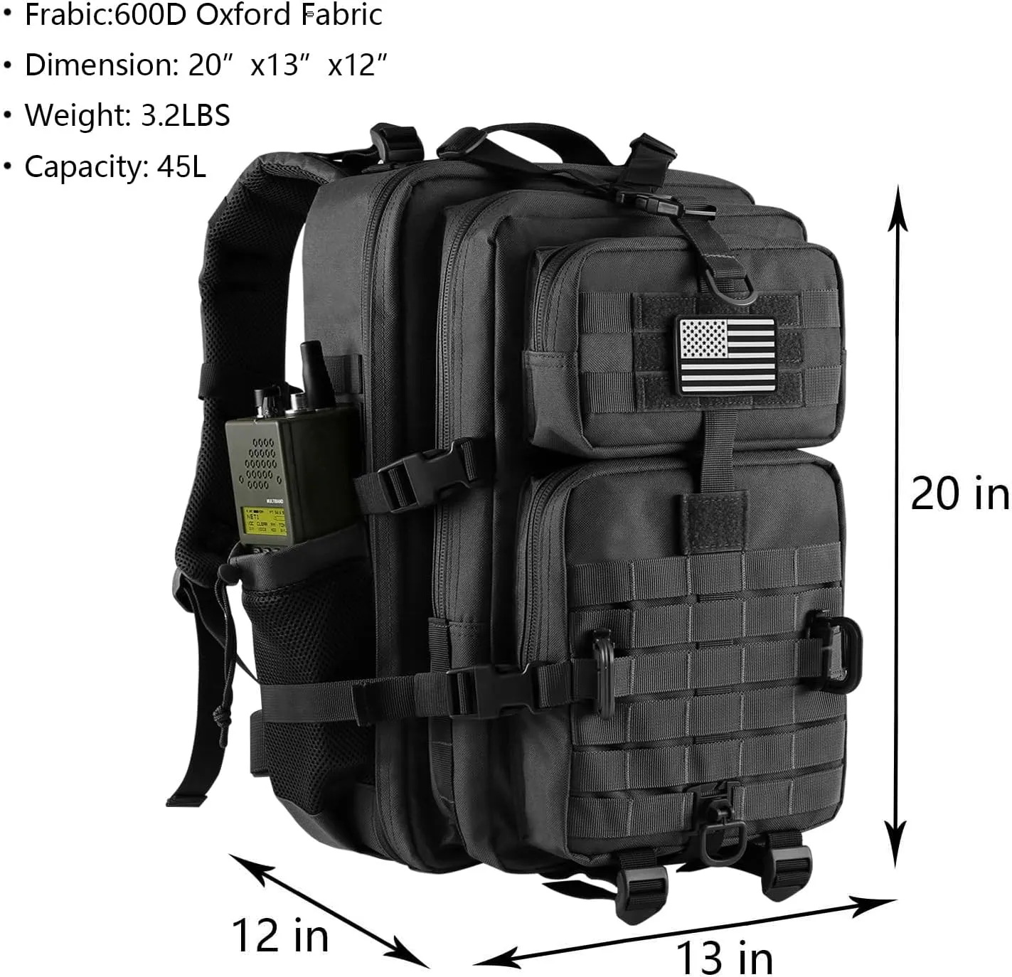 45L MOLLE Assault Backpack, Tactical Backpack Military Army Camping Rucksack with Bottle Holder, 3-Day Pack Trip w/USA Flag Patch, D-Rings, Black with Grey Patch