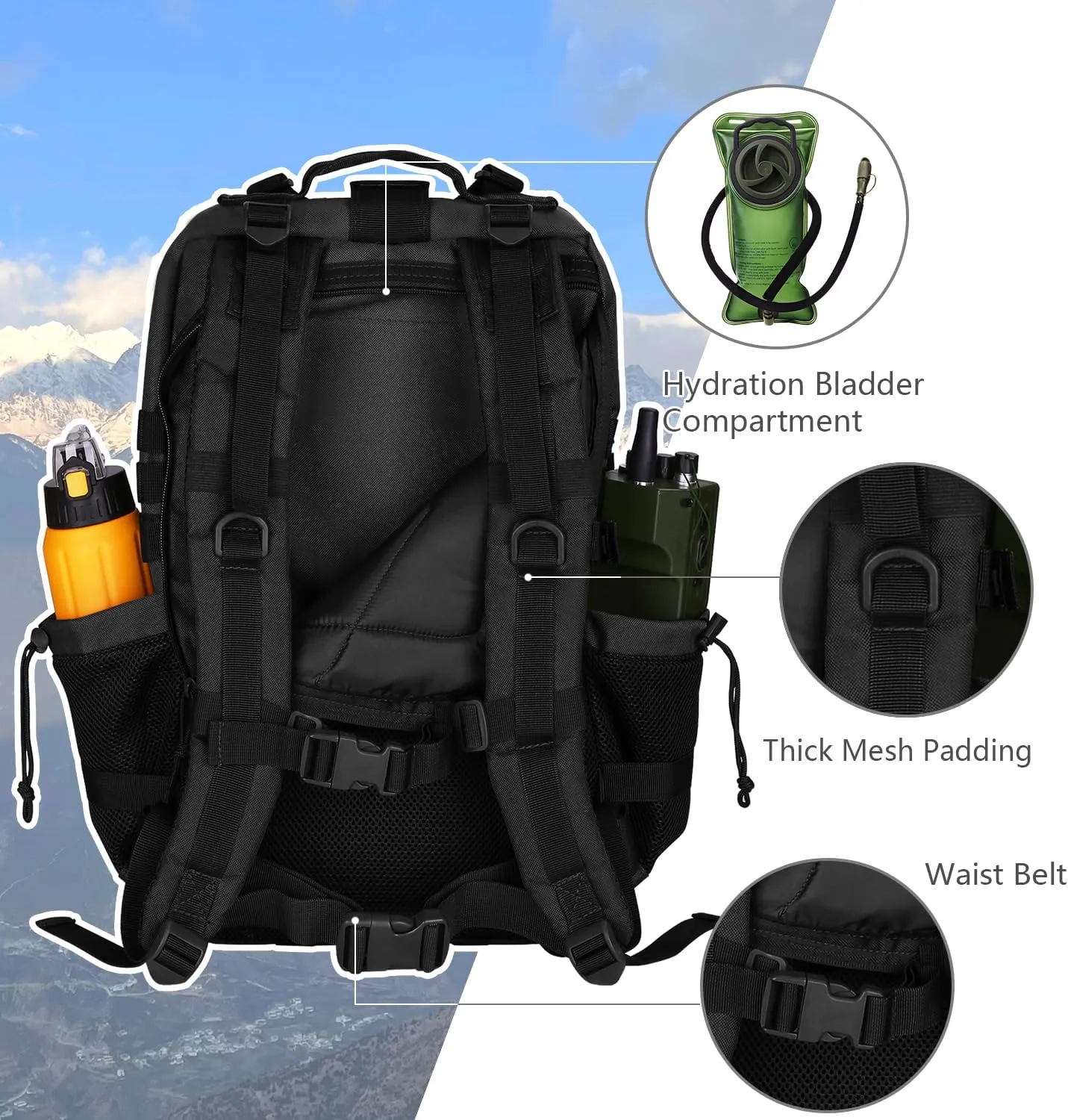45L MOLLE Assault Backpack, Tactical Backpack Military Army Camping Rucksack with Bottle Holder, 3-Day Pack Trip w/USA Flag Patch, D-Rings, Black with Grey Patch