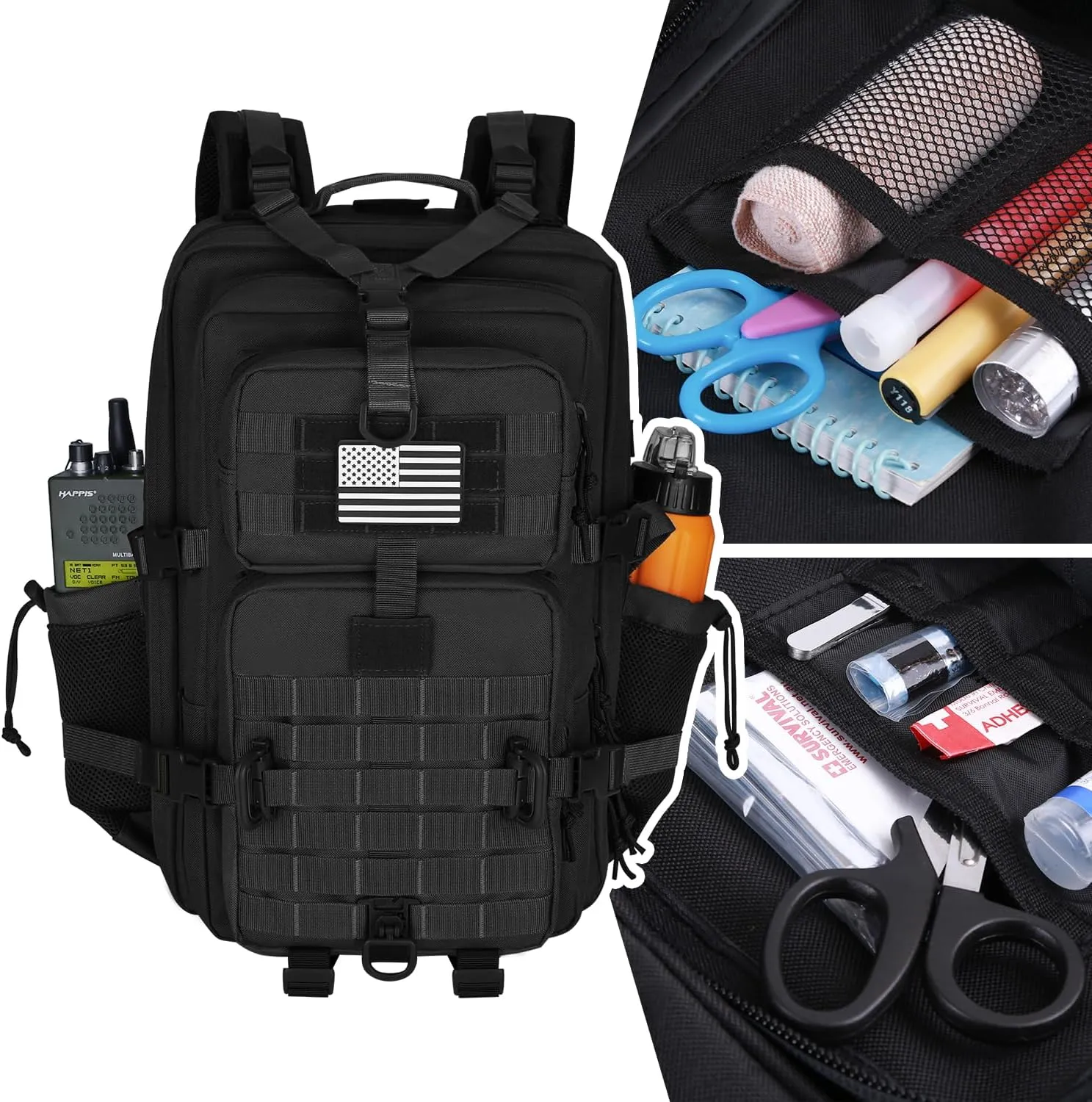 45L MOLLE Assault Backpack, Tactical Backpack Military Army Camping Rucksack with Bottle Holder, 3-Day Pack Trip w/USA Flag Patch, D-Rings, Black with Grey Patch
