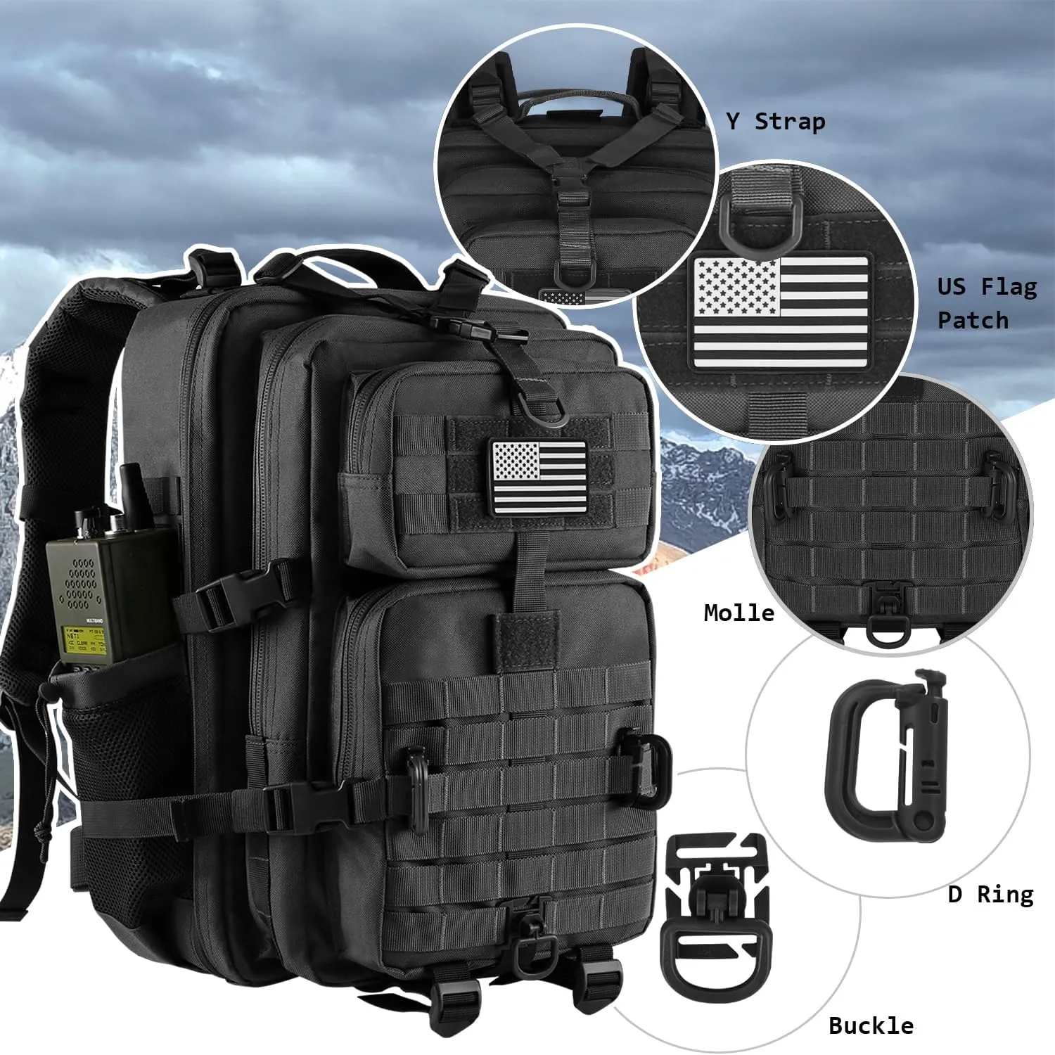 45L MOLLE Assault Backpack, Tactical Backpack Military Army Camping Rucksack with Bottle Holder, 3-Day Pack Trip w/USA Flag Patch, D-Rings, Black with Grey Patch