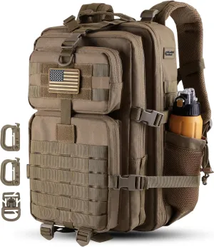 45L MOLLE Assault Backpack, Tactical Backpack Military Army Camping Rucksack with Bottle Holder, 3-Day Pack Trip w/USA Flag Patch, D-Rings, Khaki