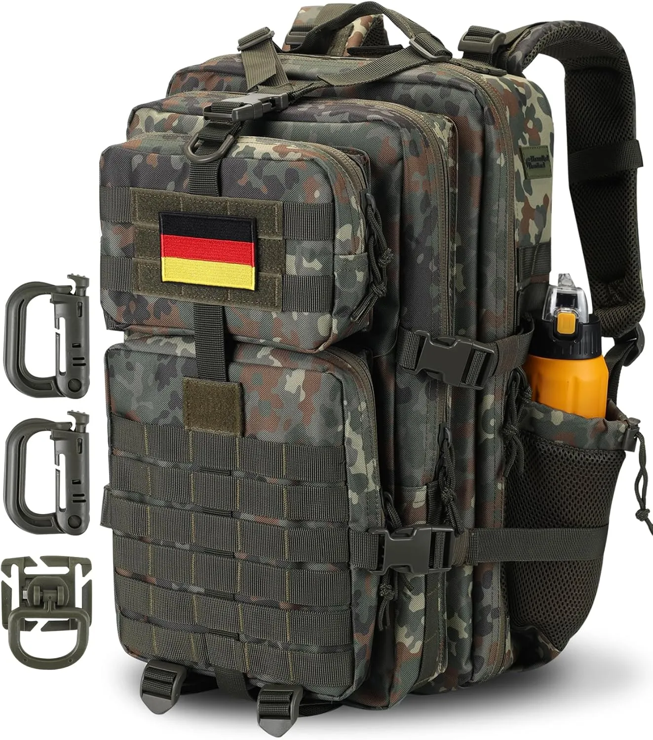 45L MOLLE Assault Pack, Tactical Backpack Army Military Camping Rucksack with Bottle Holder, 3-Day Pack Travel Trip w/USA Flag Patch, D-Rings, German Flecktarn