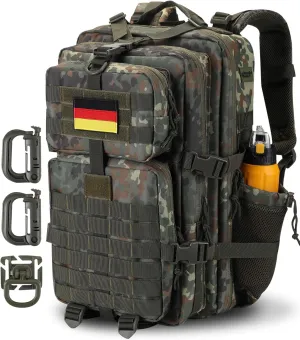 45L MOLLE Assault Pack, Tactical Backpack Army Military Camping Rucksack with Bottle Holder, 3-Day Pack Travel Trip w/USA Flag Patch, D-Rings, German Flecktarn