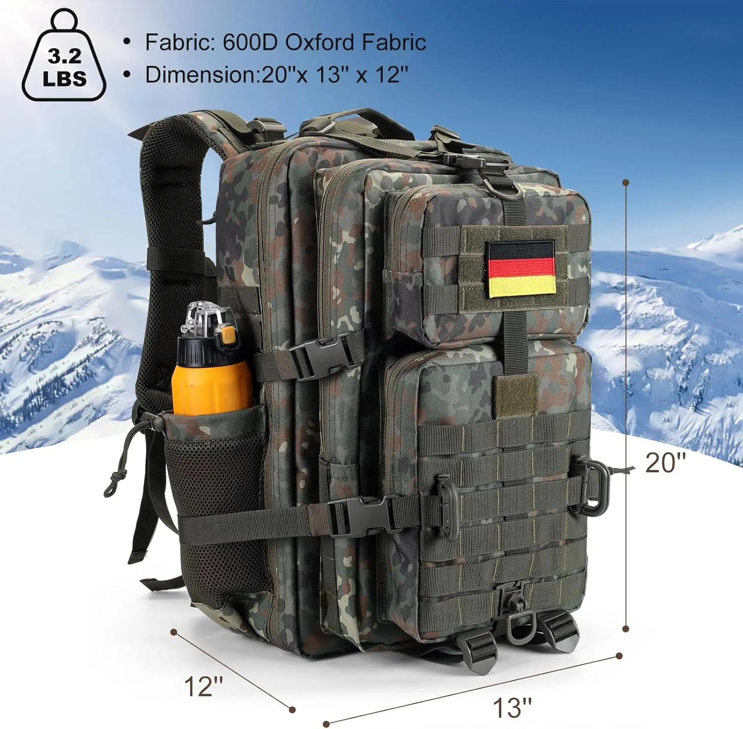 45L MOLLE Assault Pack, Tactical Backpack Army Military Camping Rucksack with Bottle Holder, 3-Day Pack Travel Trip w/USA Flag Patch, D-Rings, German Flecktarn