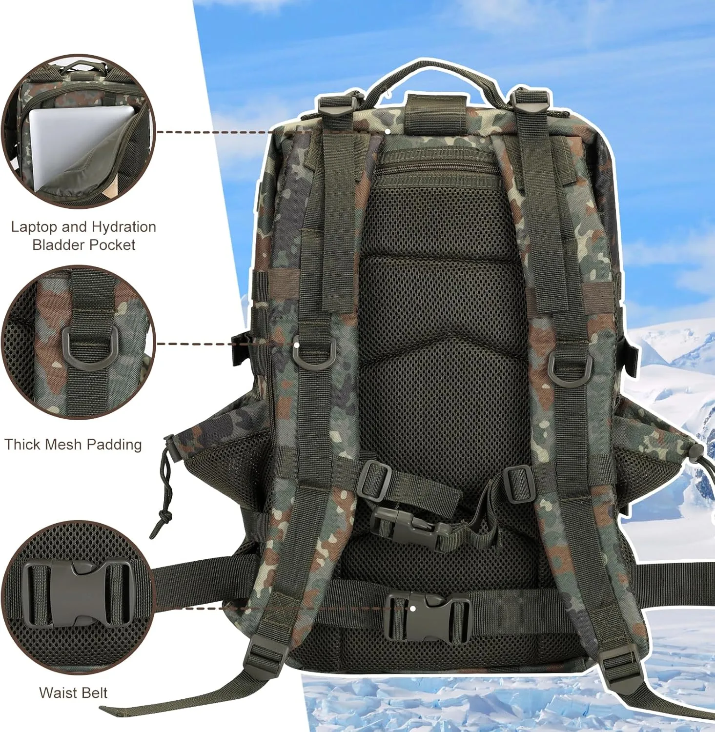 45L MOLLE Assault Pack, Tactical Backpack Army Military Camping Rucksack with Bottle Holder, 3-Day Pack Travel Trip w/USA Flag Patch, D-Rings, German Flecktarn