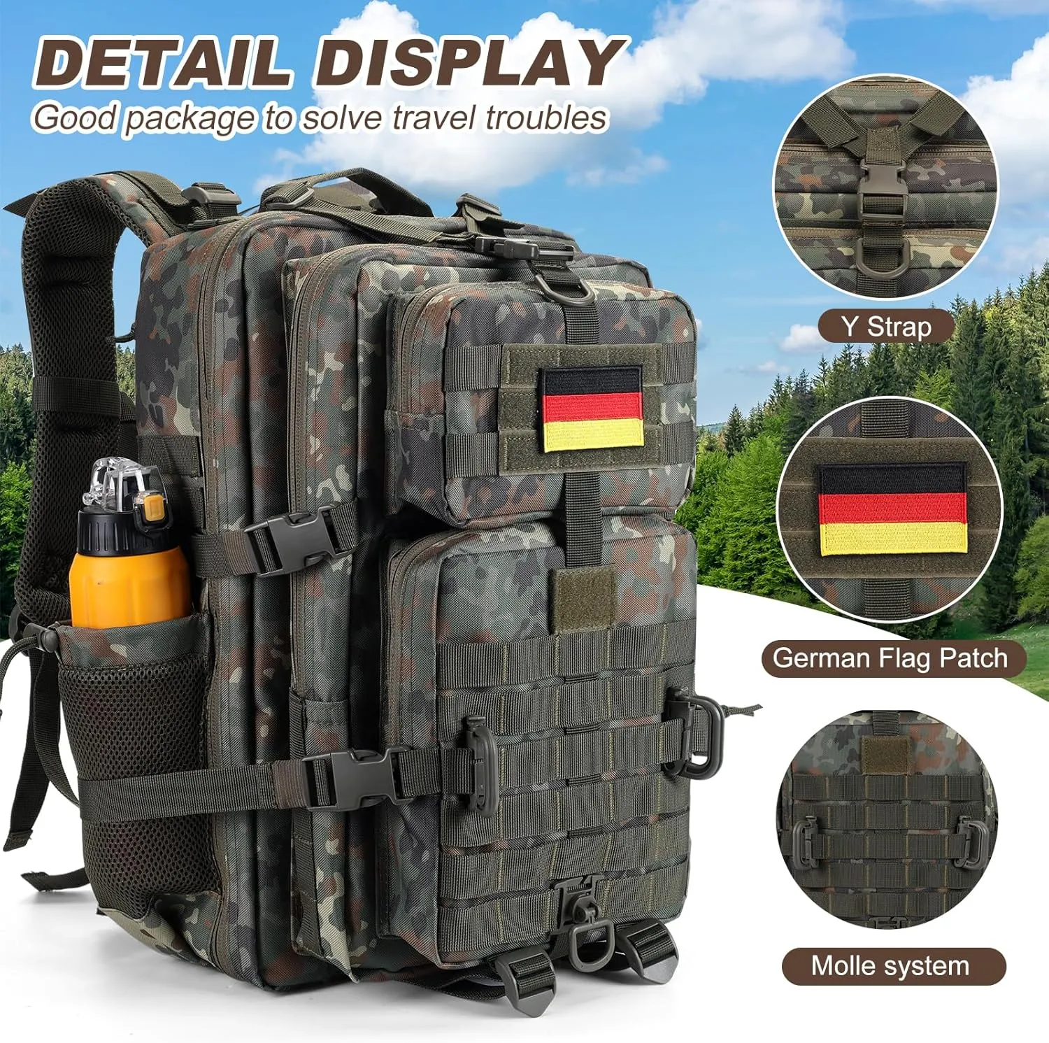 45L MOLLE Assault Pack, Tactical Backpack Army Military Camping Rucksack with Bottle Holder, 3-Day Pack Travel Trip w/USA Flag Patch, D-Rings, German Flecktarn