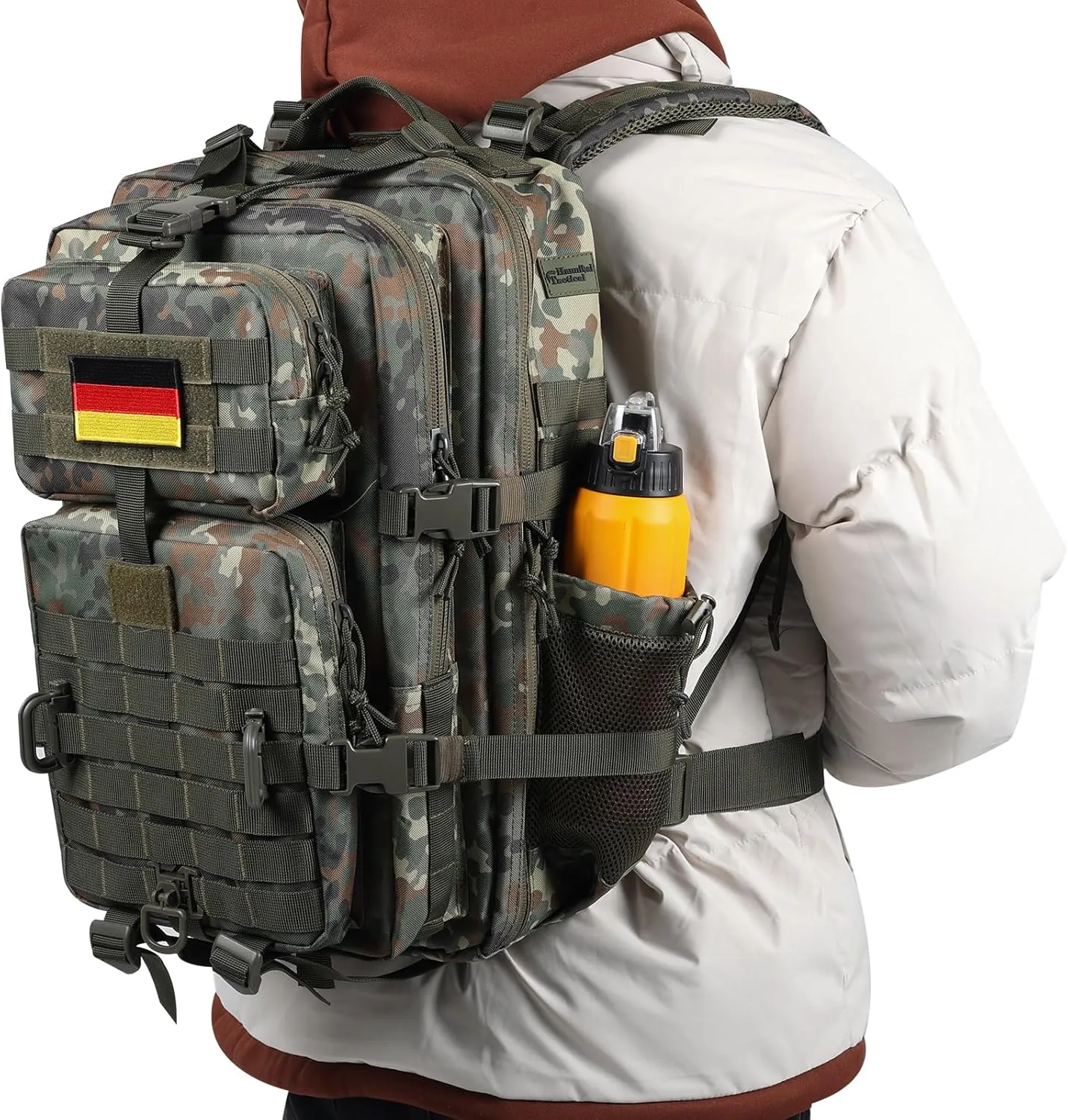 45L MOLLE Assault Pack, Tactical Backpack Army Military Camping Rucksack with Bottle Holder, 3-Day Pack Travel Trip w/USA Flag Patch, D-Rings, German Flecktarn