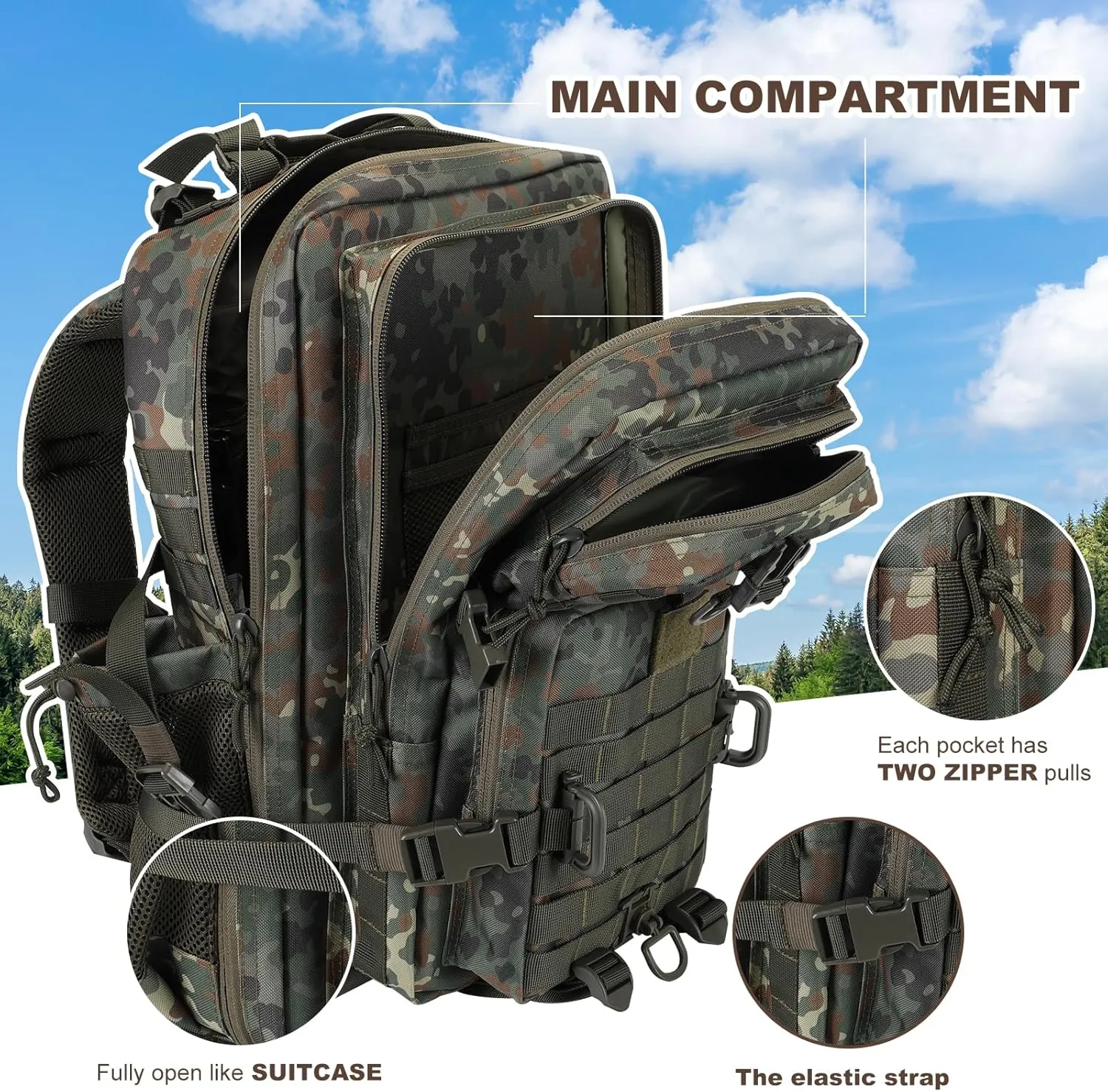 45L MOLLE Assault Pack, Tactical Backpack Army Military Camping Rucksack with Bottle Holder, 3-Day Pack Travel Trip w/USA Flag Patch, D-Rings, German Flecktarn