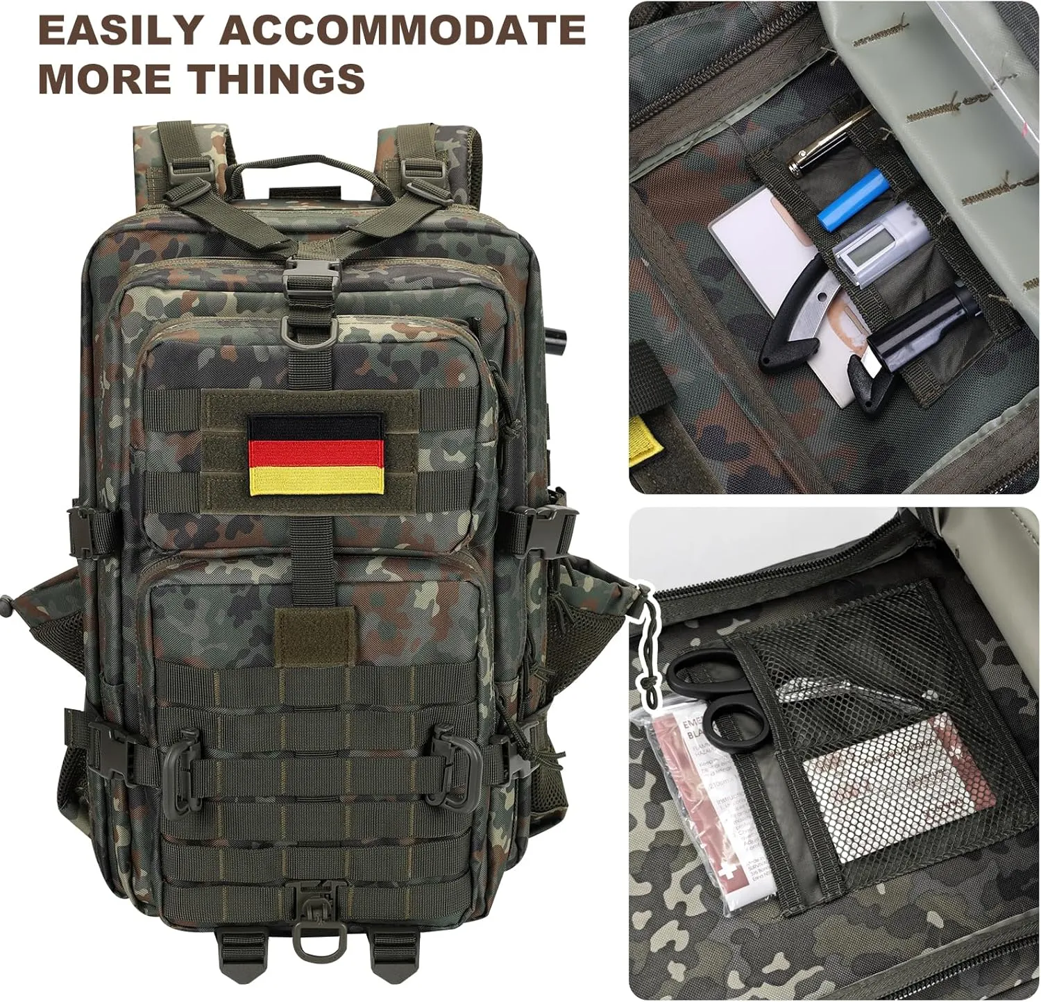 45L MOLLE Assault Pack, Tactical Backpack Army Military Camping Rucksack with Bottle Holder, 3-Day Pack Travel Trip w/USA Flag Patch, D-Rings, German Flecktarn