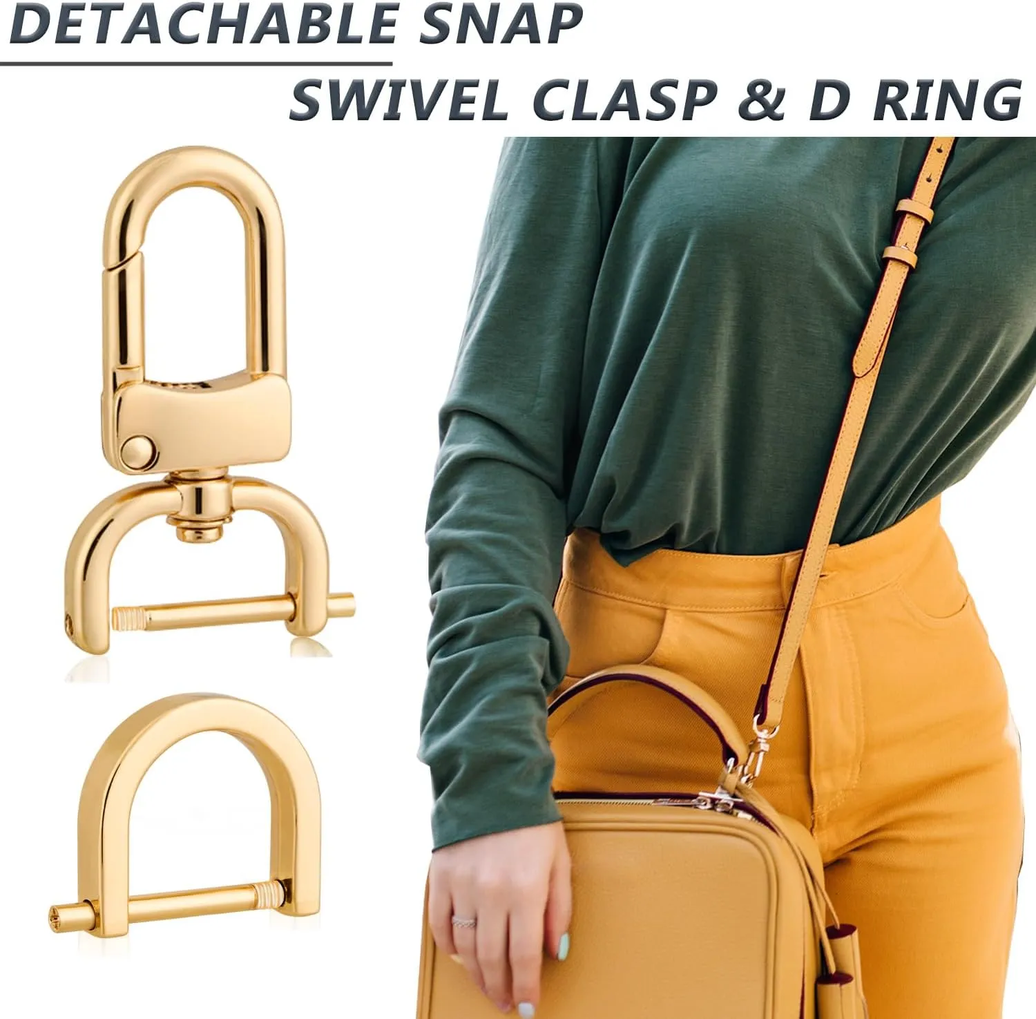 4pcs Detachable Snap Hook Swivel Clasp with 4pcs D-Rings Screw in Shackle for DIY Purse Strap Replacement (Gold,3/4 inch)